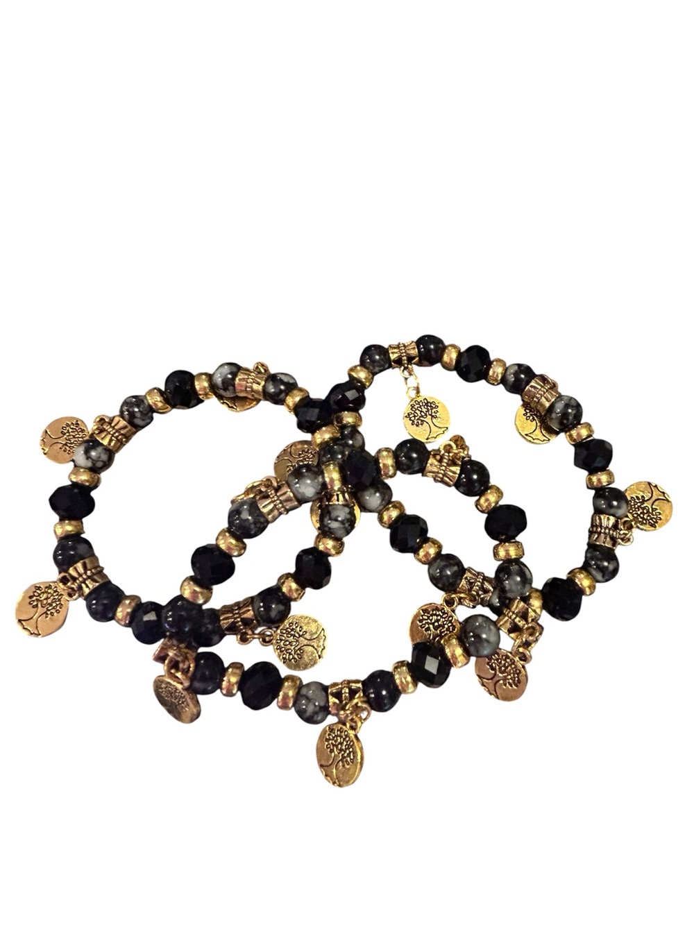 Bohemian Gold and Black Beaded Charm Bracelet Set